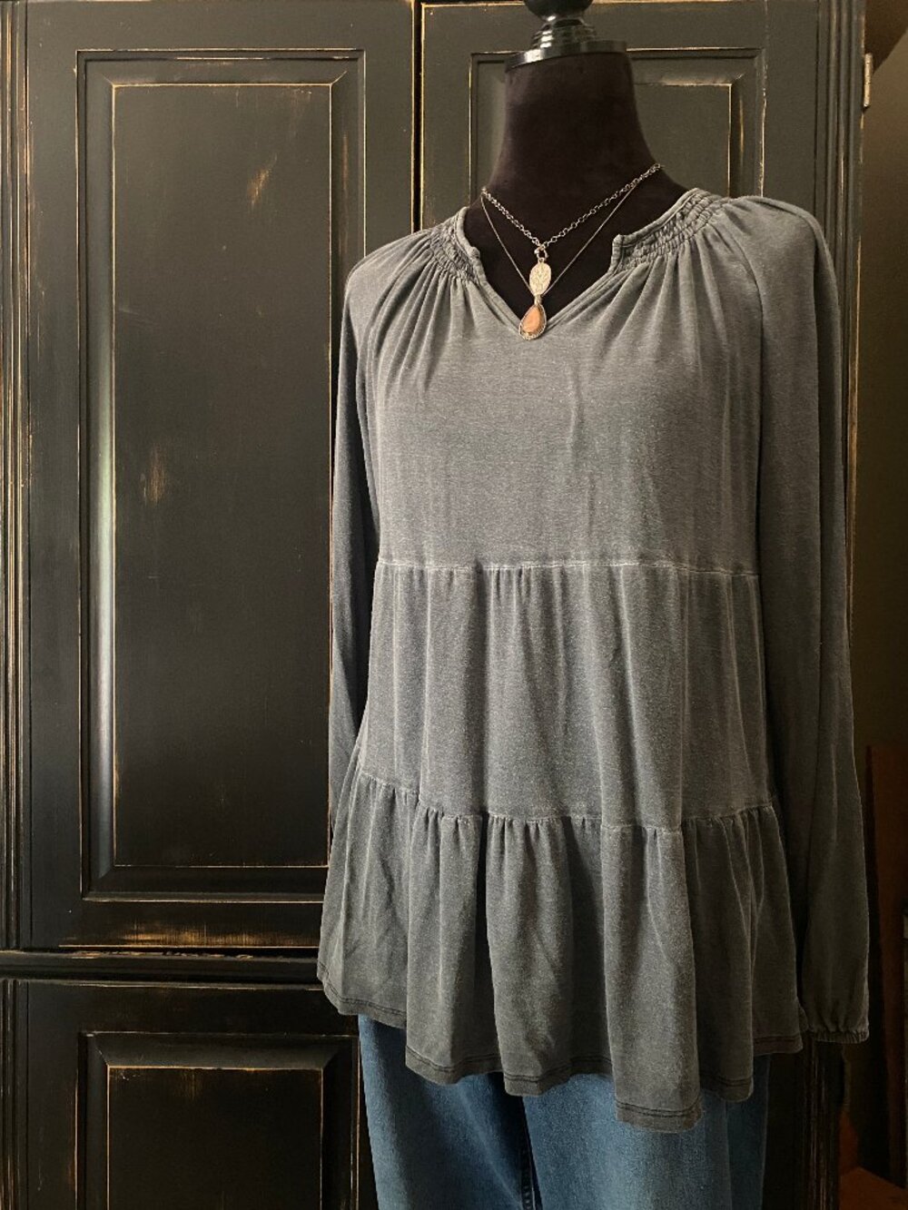 Wonderly - Women’s Size: M - Gray Tiered Babydoll Tunic Top - Long Sleeve Boho